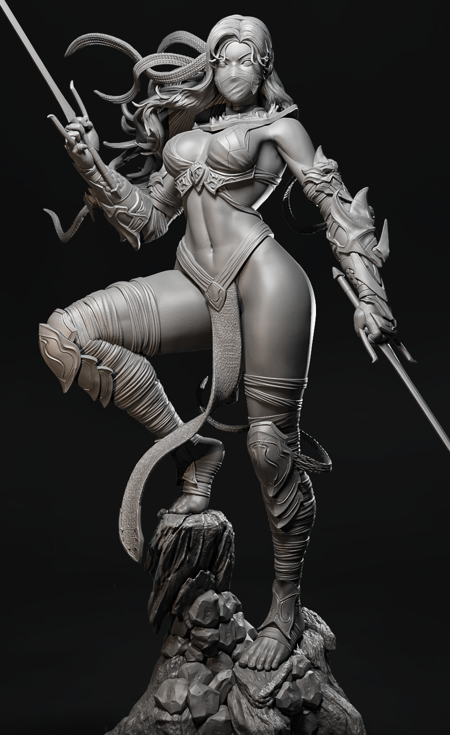 Szary render 3D zestawu z lwem i wojowniczką Auria, widoczne detale grzywy.