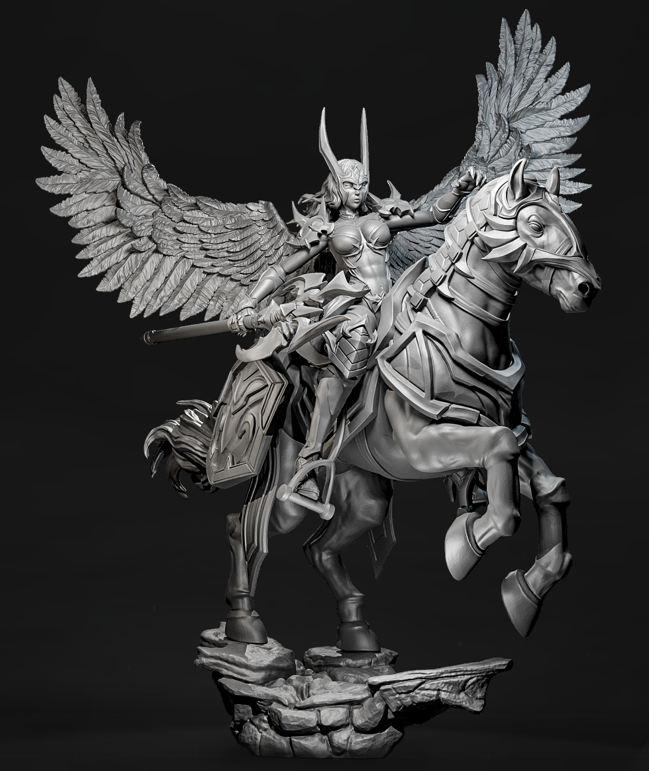 Szary render 3D modelu Skyborn Vanguard Aeliana, widoczne detale zbroi i piór.