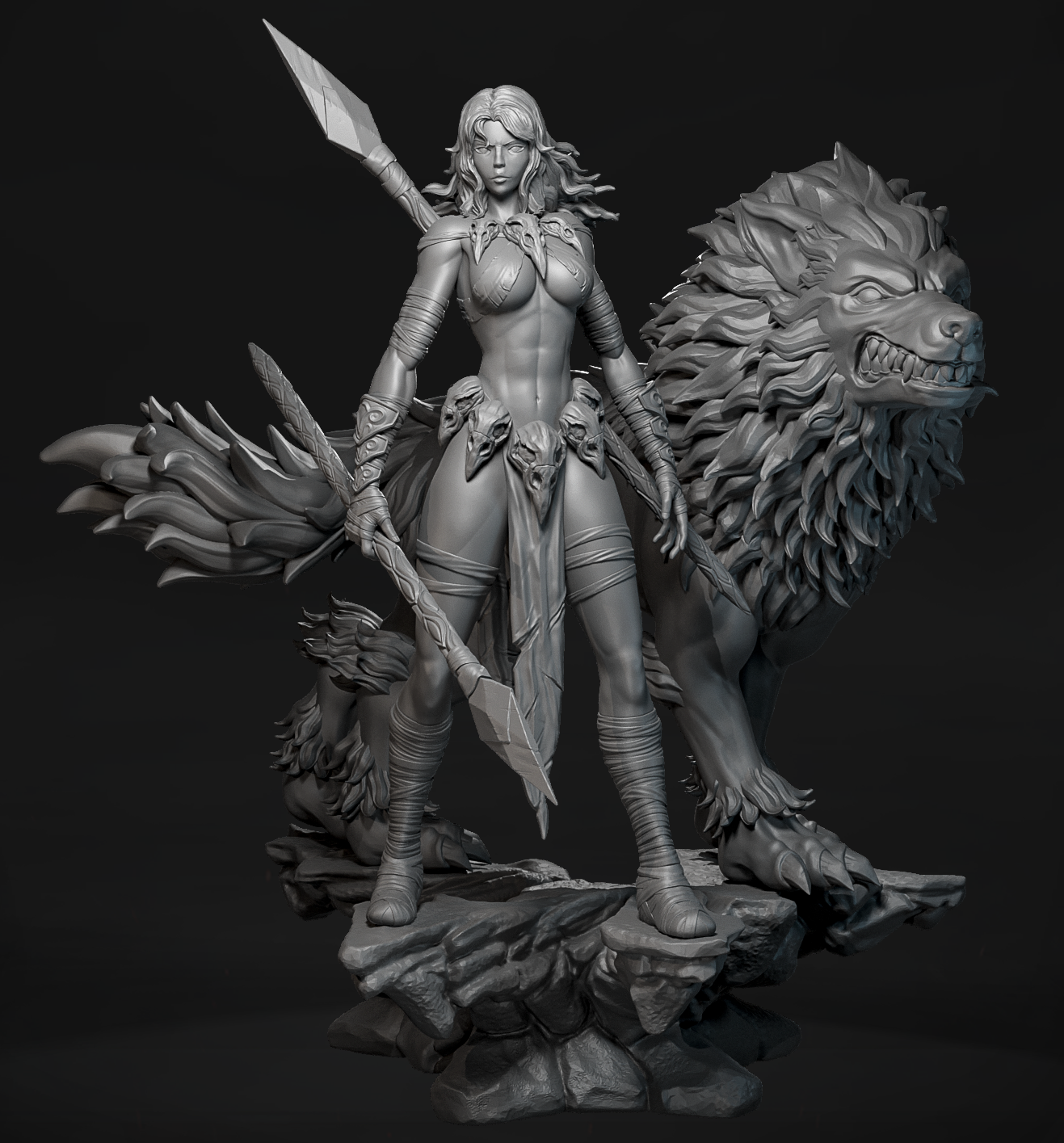 Szary render 3D zestawu Wolfborn Huntress Sylara – rangerka i wilk na skalistej podstawce.