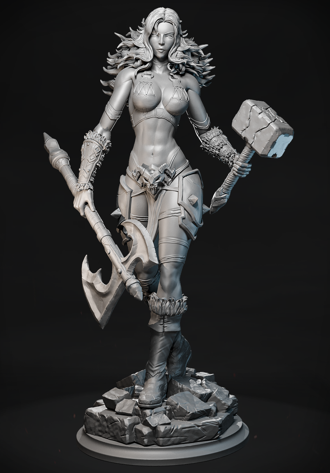 figurka barbarzyńskiej wojowniczki z rudymi włosami, toporem i młotem.