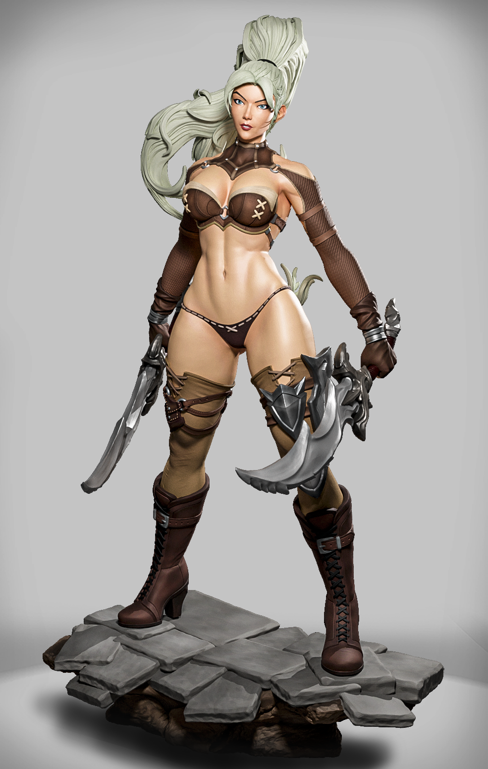 Pomalowana figurka elfki Sunblade Liora w biało-złotej zbroi z wielkim mieczem.