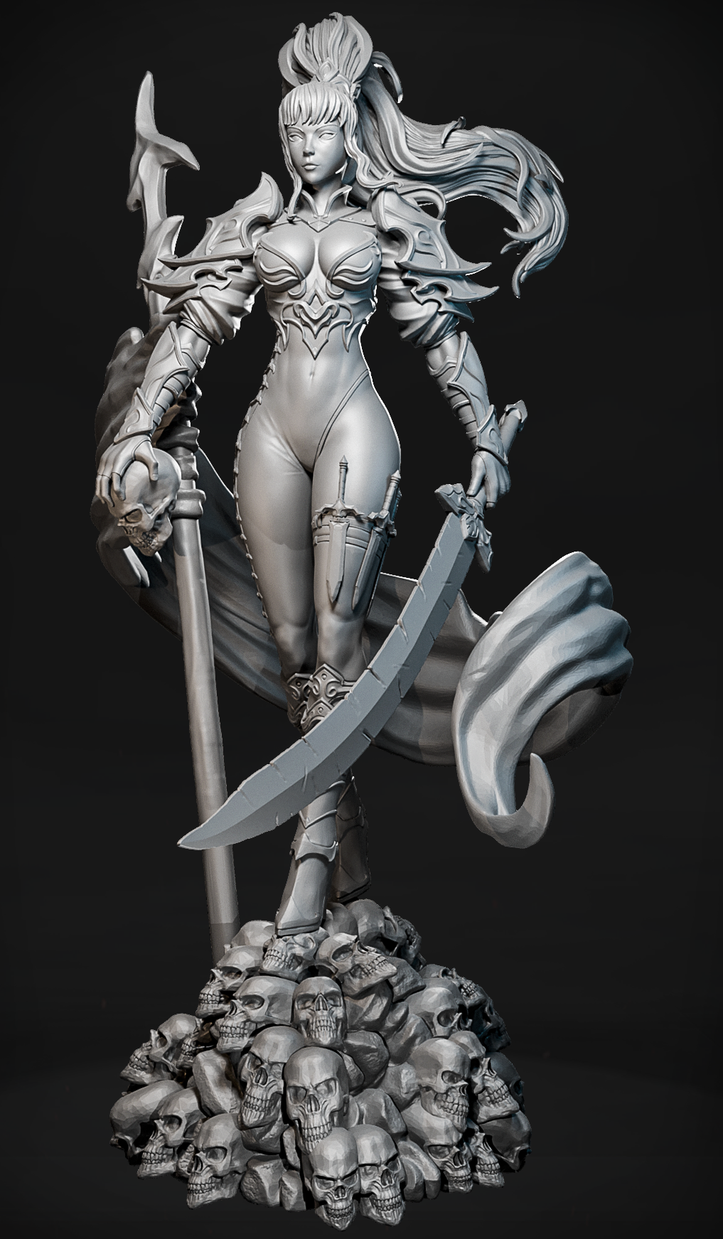figurka Death Caller Vala stojąca na górze czaszek z mieczem i kosturem.