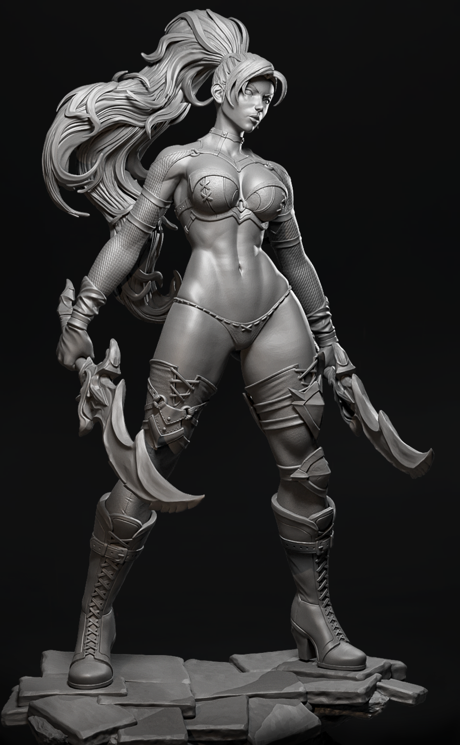 Pomalowana figurka elfki Sunblade Liora w biało-złotej zbroi z wielkim mieczem.