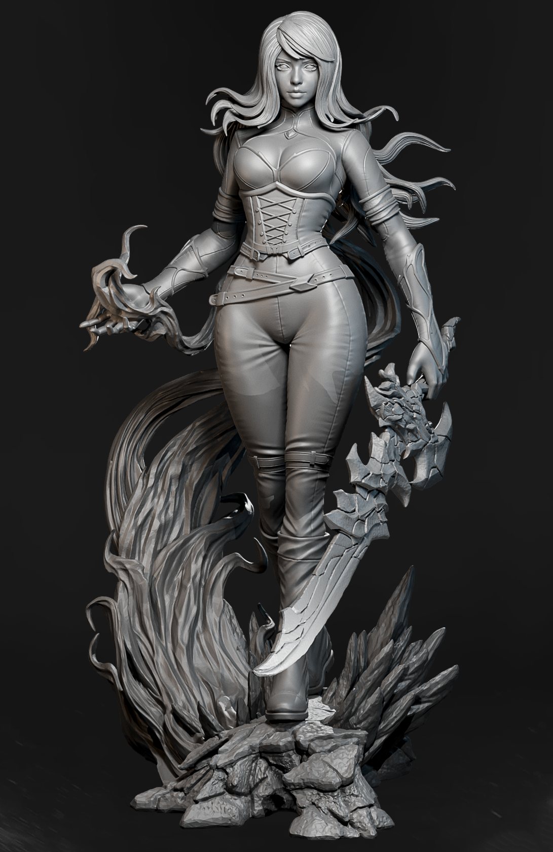 figurka Magma Blade Pyrrha z ognistym mieczem na wulkanicznej podstawce.