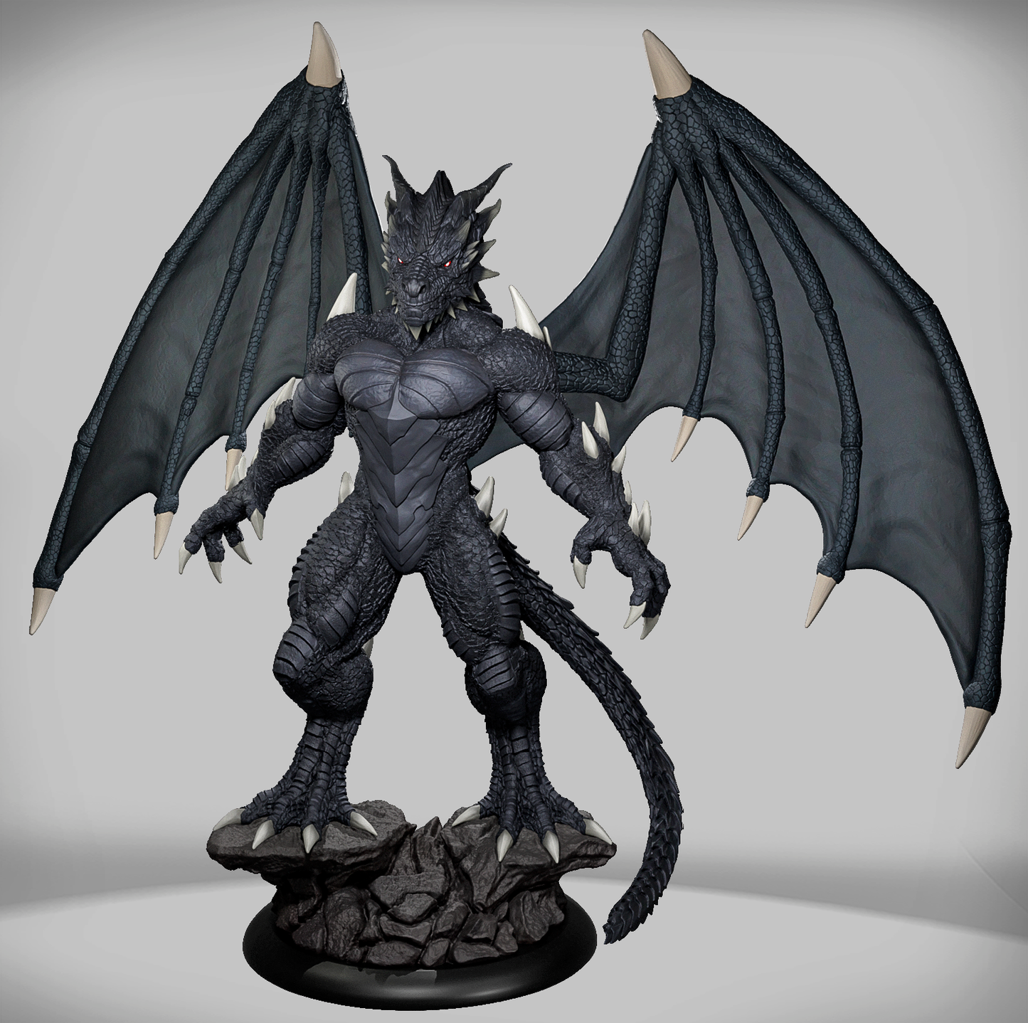 figurka smoczego wojownika Drakonkin Ravager Ignis z czarnymi łuskami i wielkimi skrzydłami.