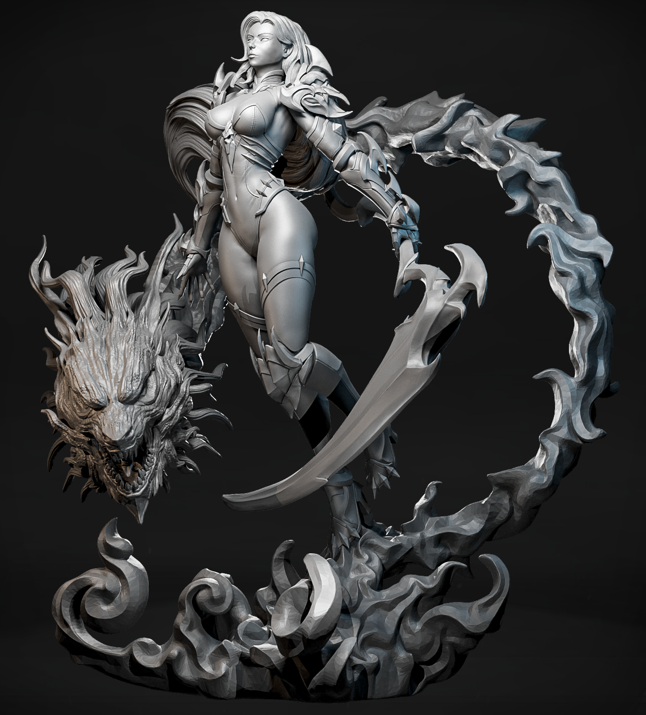 Pomalowana figurka Soul Reaper Vespera z kosą i fioletowym duchem smoka.