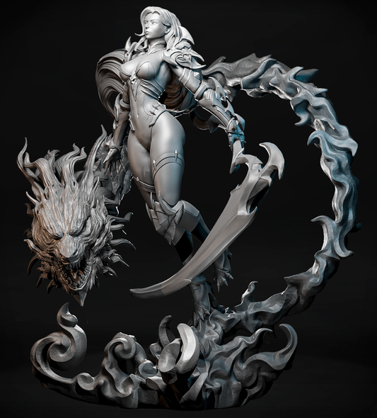 Pomalowana figurka Soul Reaper Vespera z kosą i fioletowym duchem smoka.