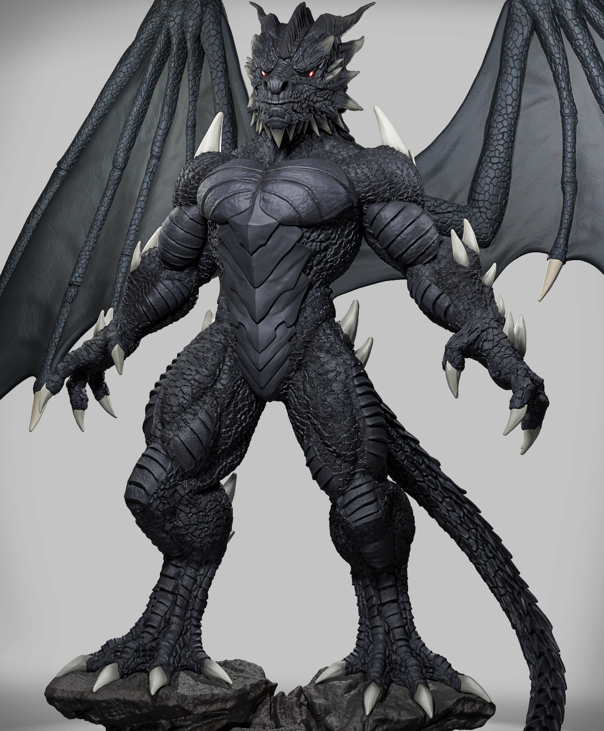 figurka smoczego wojownika Drakonkin Ravager Ignis z czarnymi łuskami i wielkimi skrzydłami.