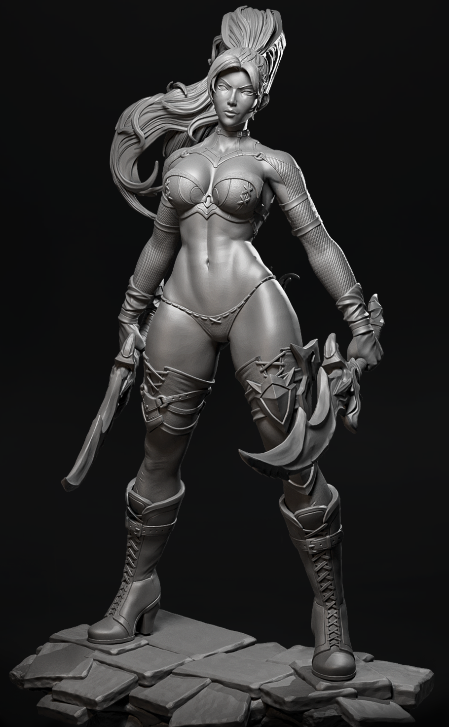 Pomalowana figurka elfki Sunblade Liora w biało-złotej zbroi z wielkim mieczem.