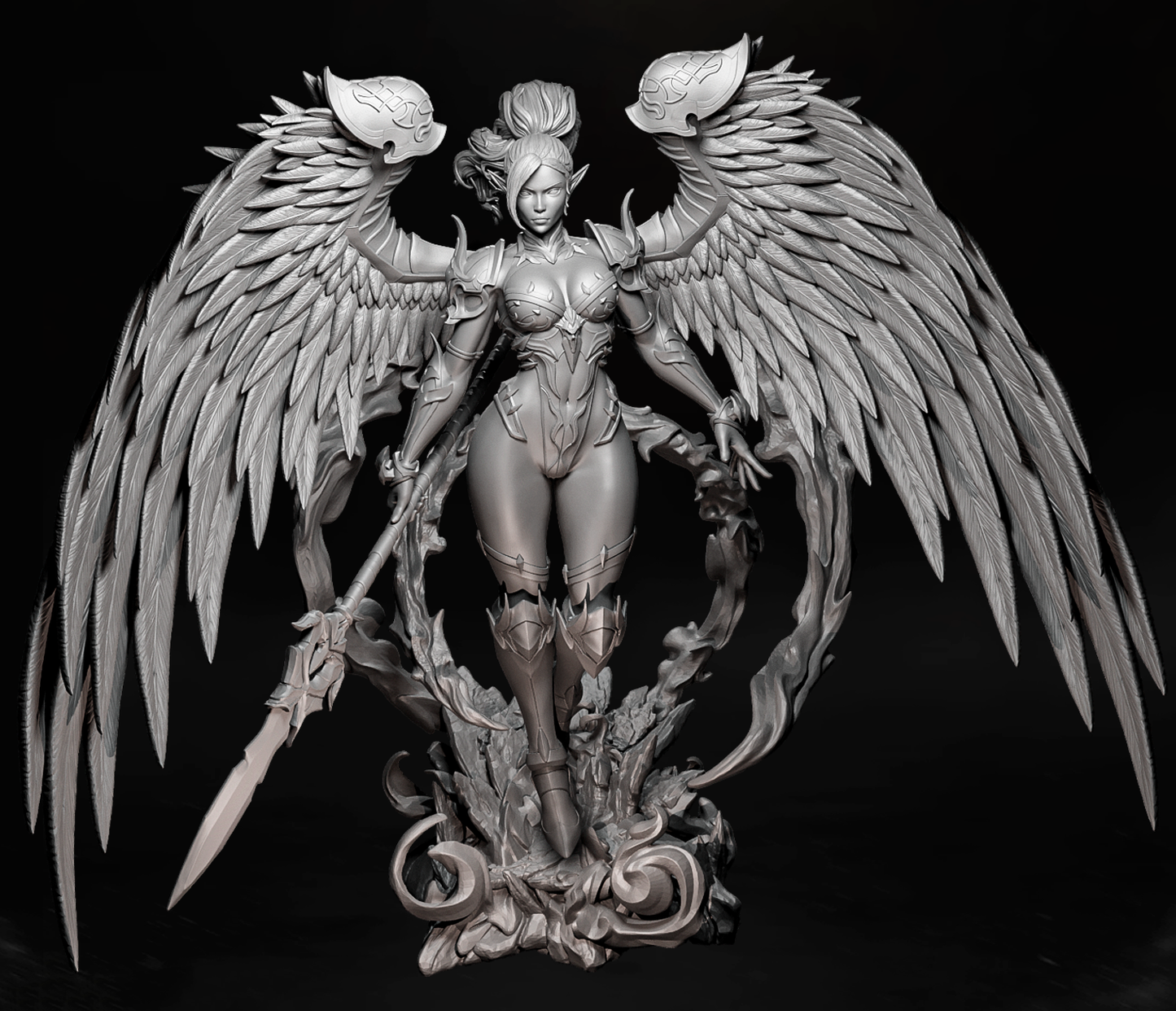 Szary render 3D figurki Shadow Seraph Vespera, mroczny anioł z włócznią.