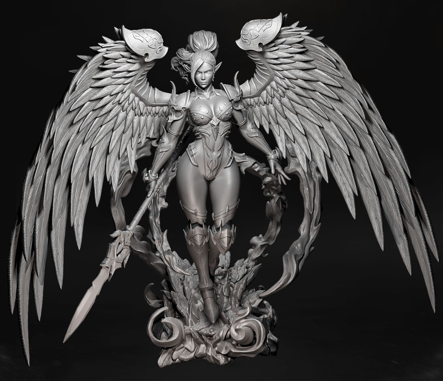 Szary render 3D figurki Shadow Seraph Vespera, mroczny anioł z włócznią.