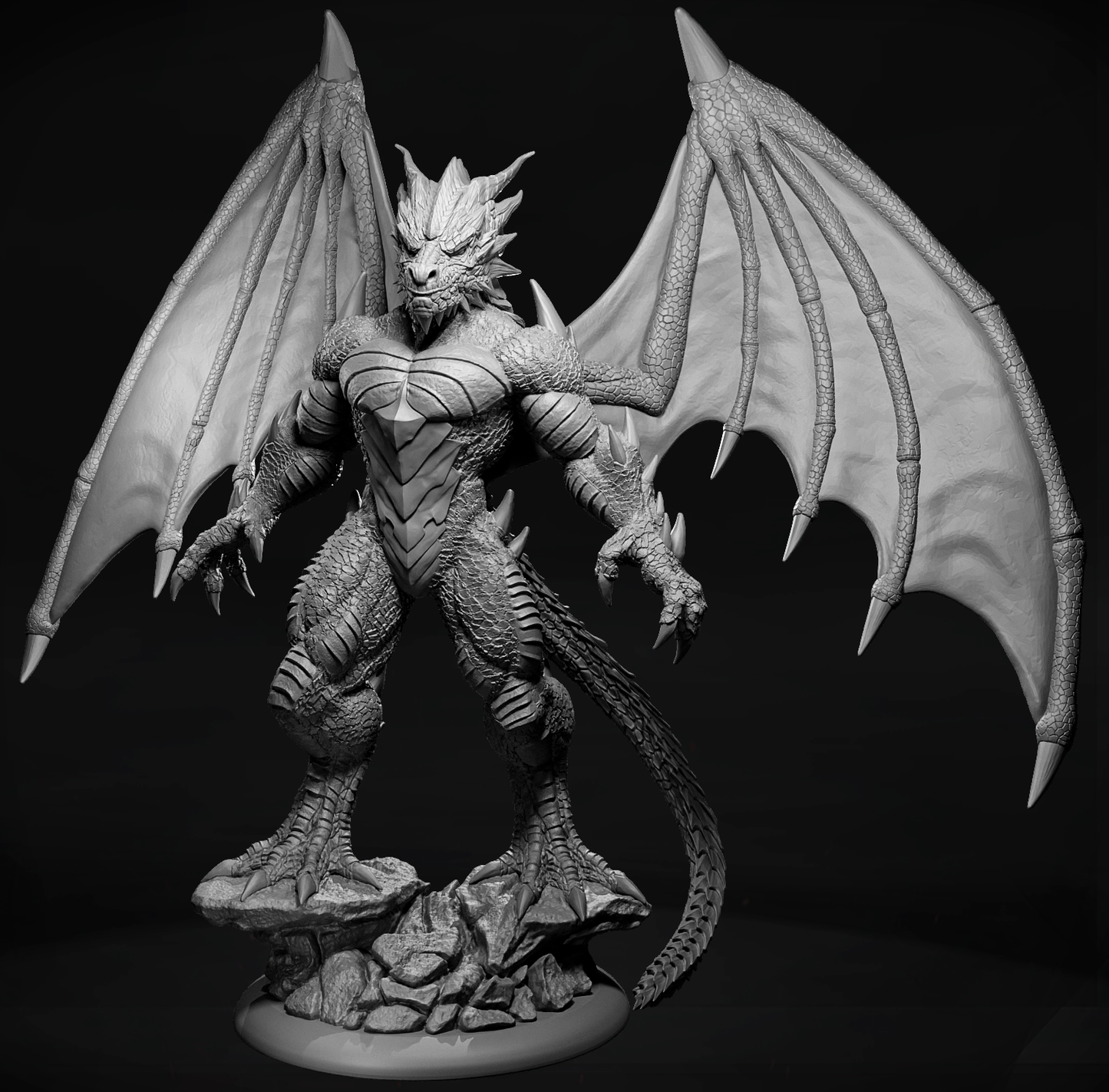 figurka smoczego wojownika Drakonkin Ravager Ignis z czarnymi łuskami i wielkimi skrzydłami.