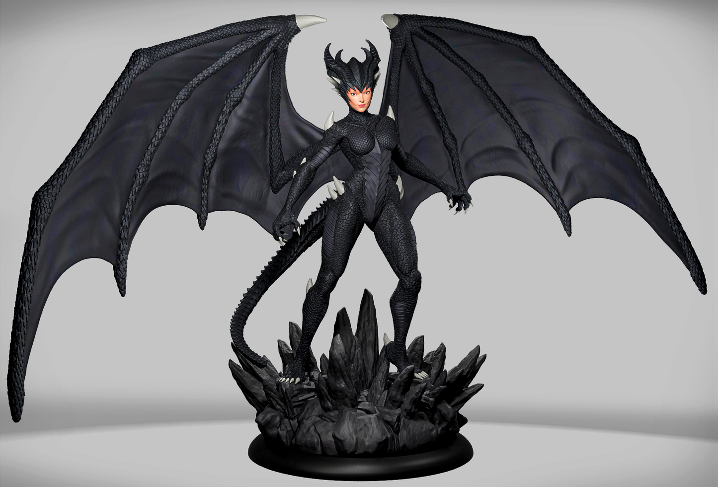 figurka smoczego wojownika Drakonkin Ravager Ignis z czarnymi łuskami i wielkimi skrzydłami.