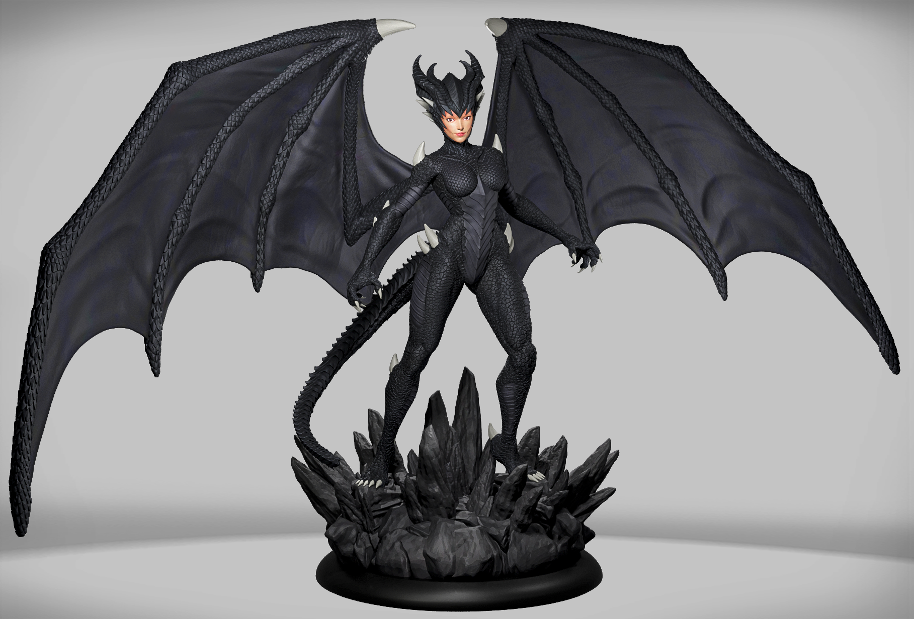 figurka smoczego wojownika Drakonkin Ravager Ignis z czarnymi łuskami i wielkimi skrzydłami.