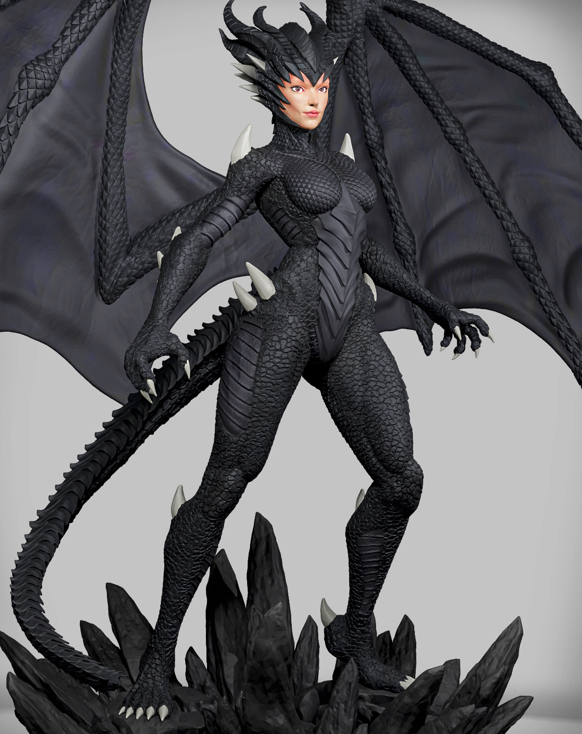 figurka smoczego wojownika Drakonkin Ravager Ignis z czarnymi łuskami i wielkimi skrzydłami.