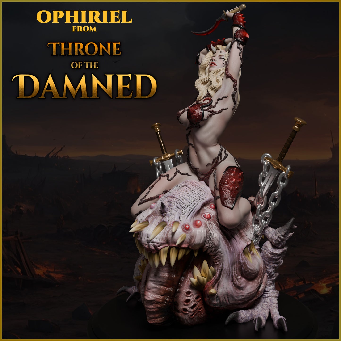 Demoniczna wojowniczka na potworze – Throne of the Damned 75mm/120mm