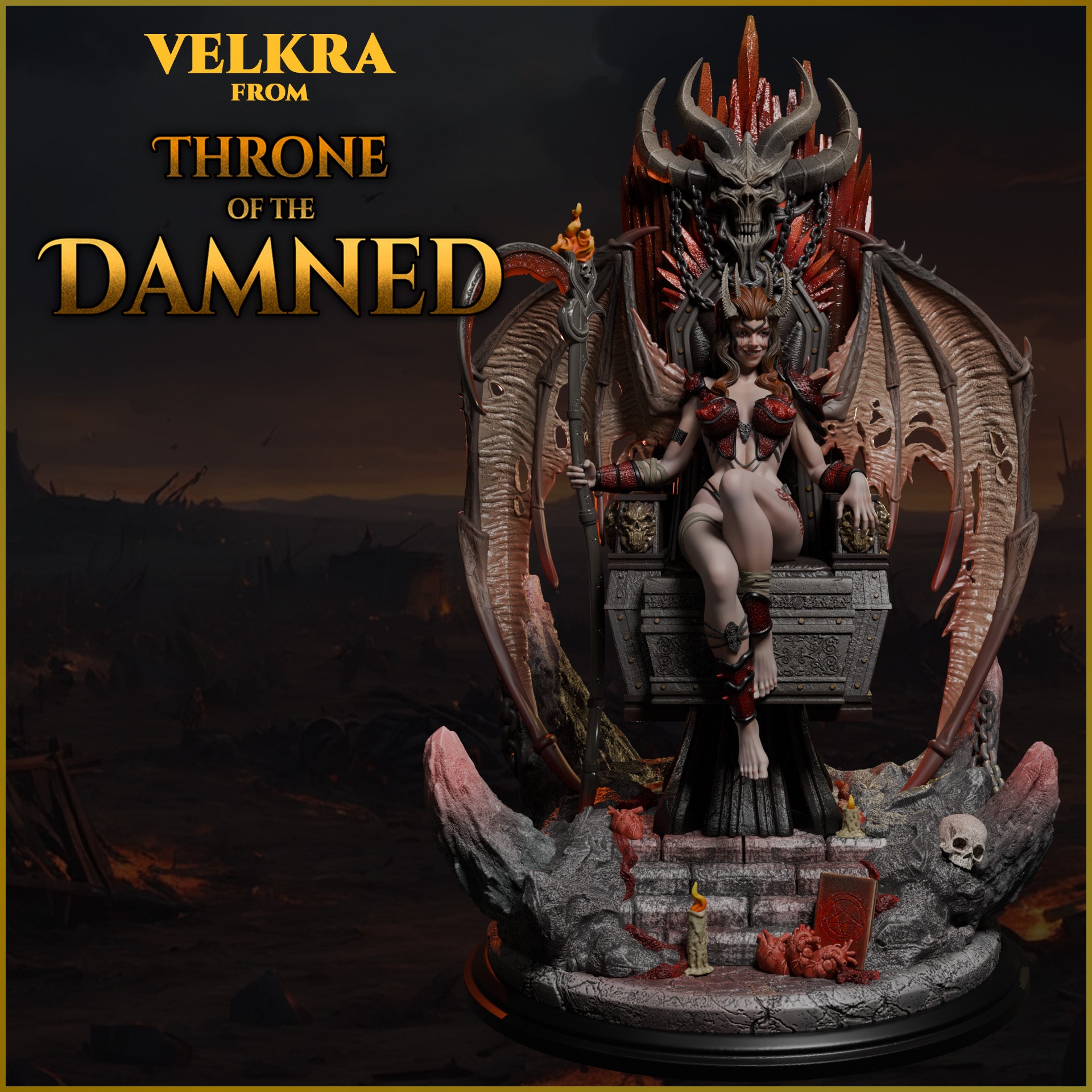 Demonica siedząca na demonicznym tronie, pełny widok figurki – Throne of the Damned