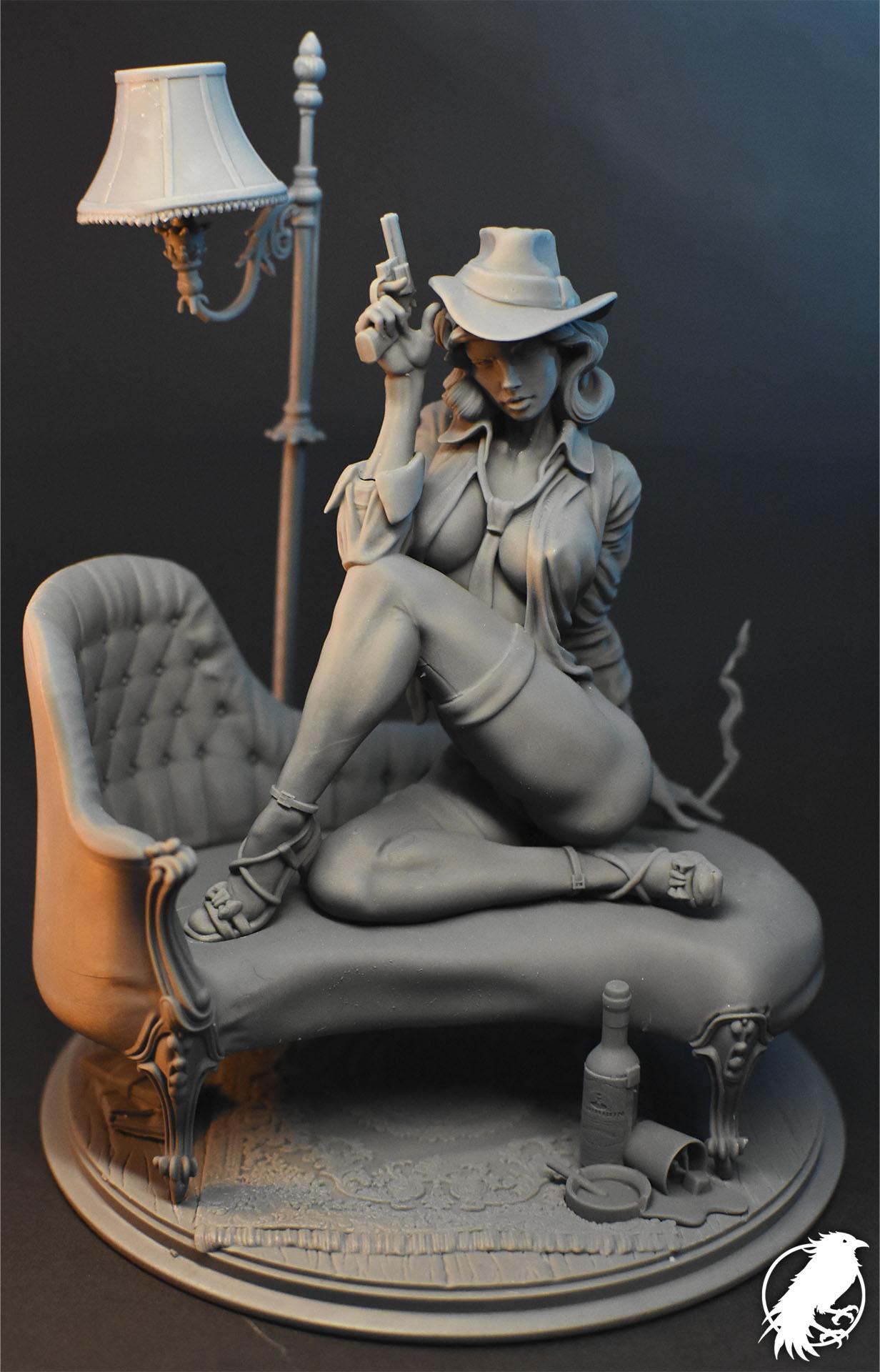 Detective Margaret "Maggie" Monroe resin pin-up figurine by Black Bird Miniatures, 3D printed for collectors and RPG, featuring a woman in a detective outfit holding a gun and cigarette on a leather chair.