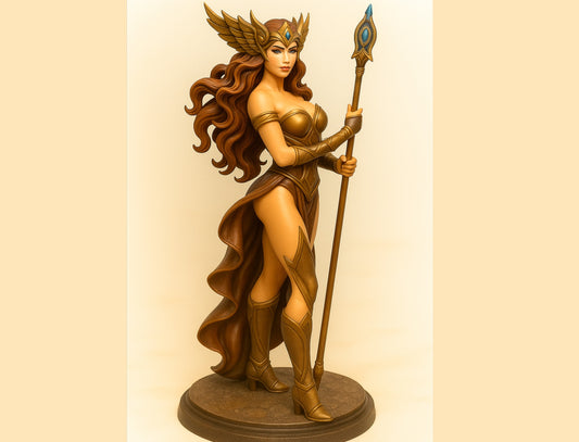 Atena figurka 3D – widok z włócznią i hełmem