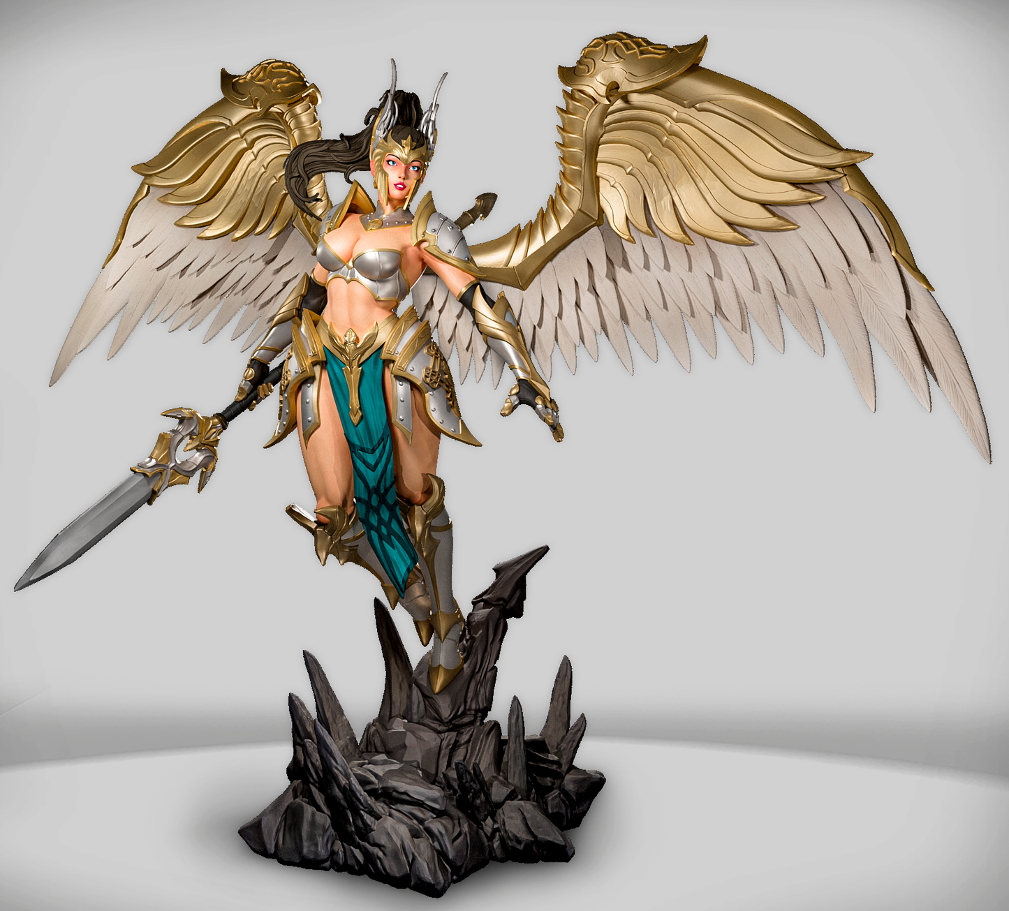 Figurka anioła wojowniczki lądującej na skale, widok z boku, Amra 3D Art.