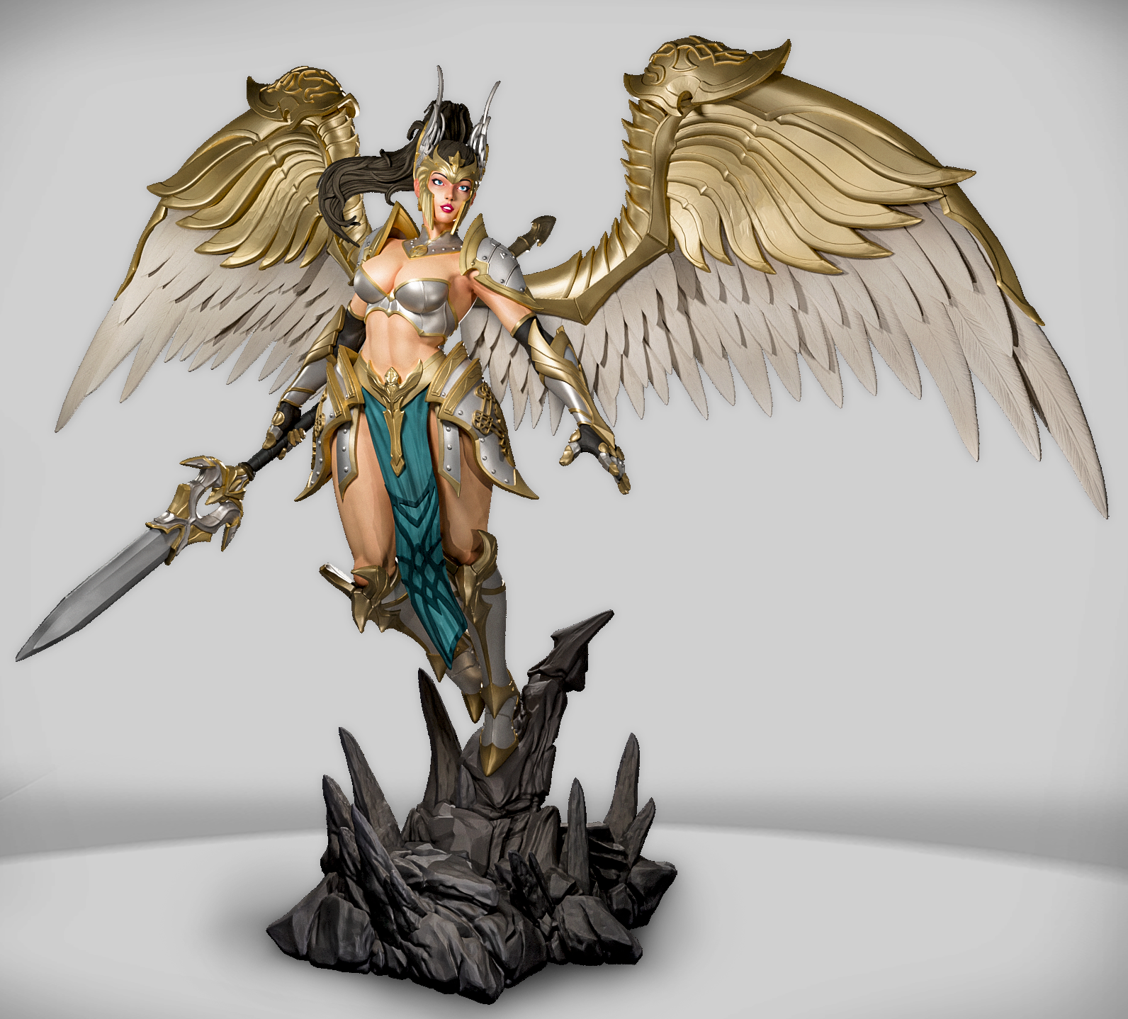 Figurka anioła wojowniczki lądującej na skale, widok z boku, Amra 3D Art.