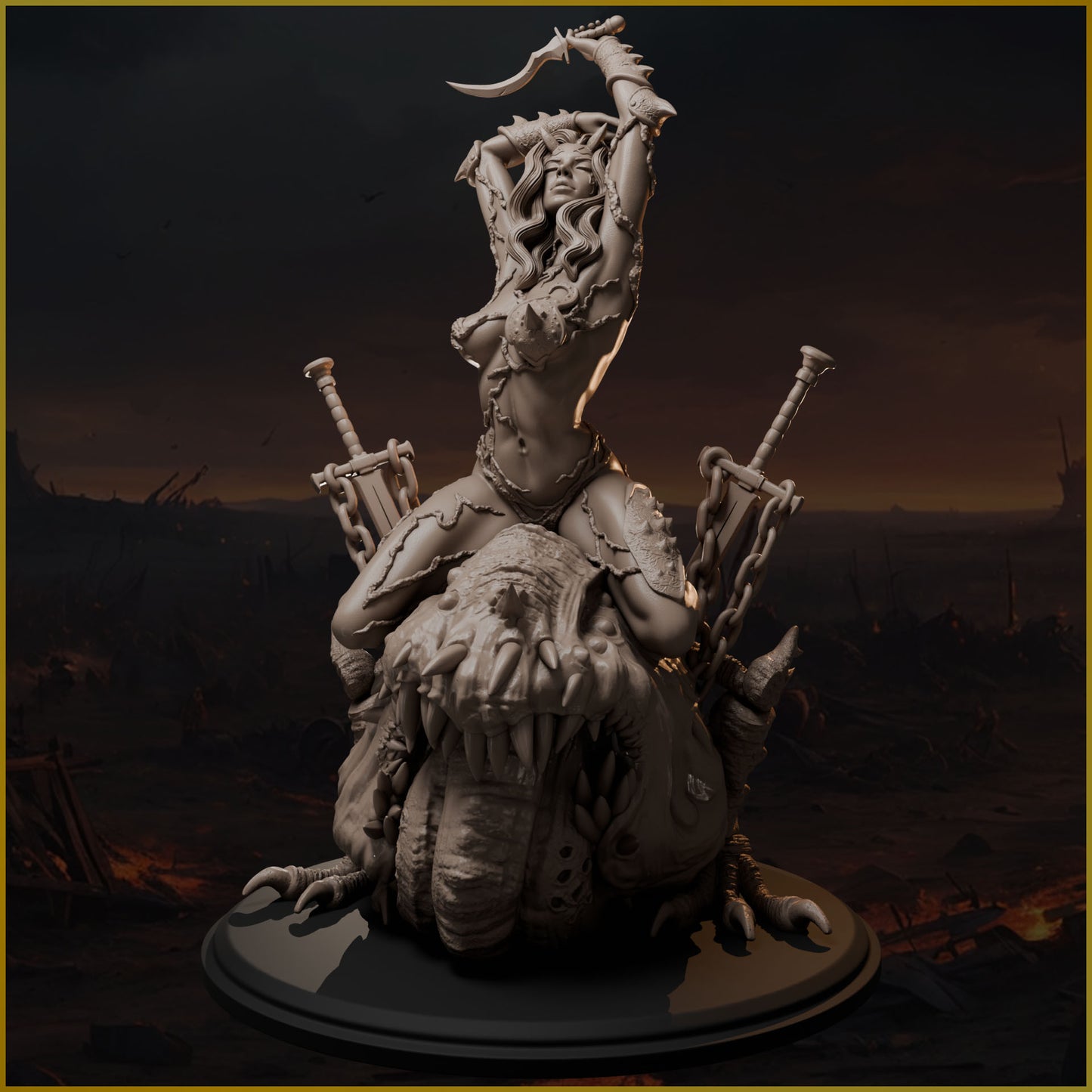 Demoniczna wojowniczka na potworze – Throne of the Damned 75mm/120mm