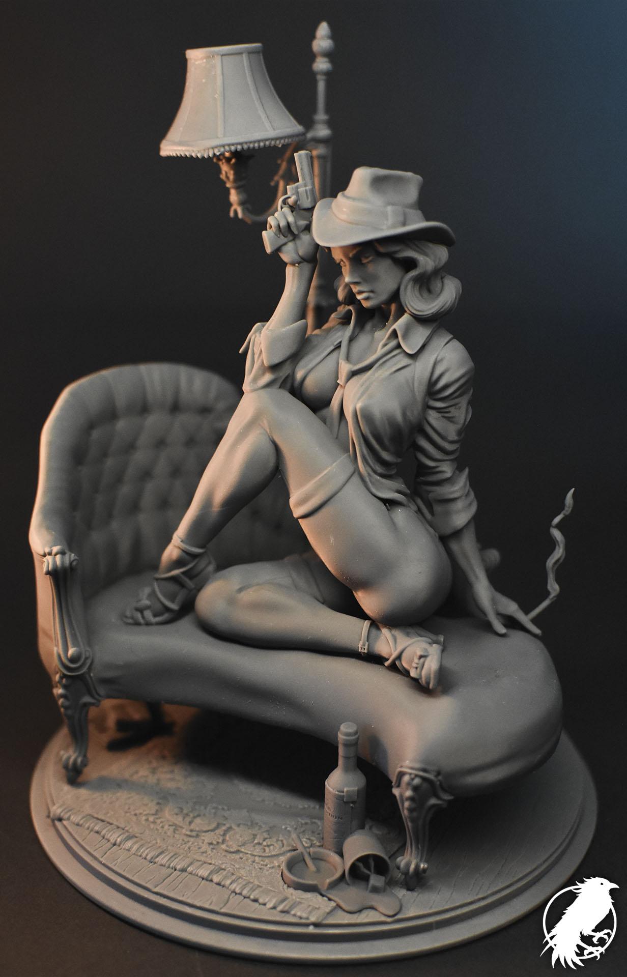 Detective Margaret "Maggie" Monroe resin pin-up figurine by Black Bird Miniatures, 3D printed for collectors and RPG, featuring a woman in a detective outfit holding a gun and cigarette on a leather chair.