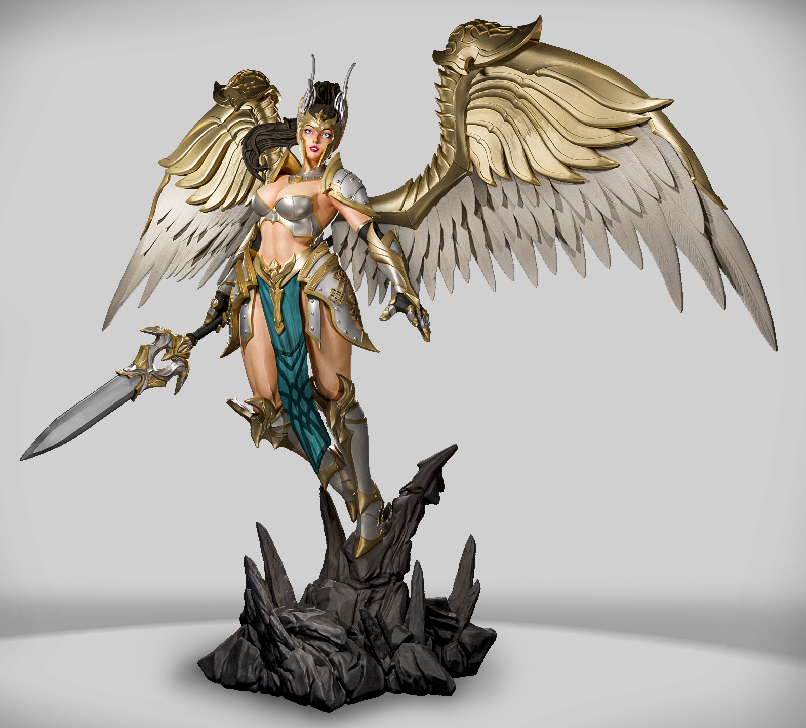 Figurka anioła wojowniczki lądującej na skale, widok z boku, Amra 3D Art.