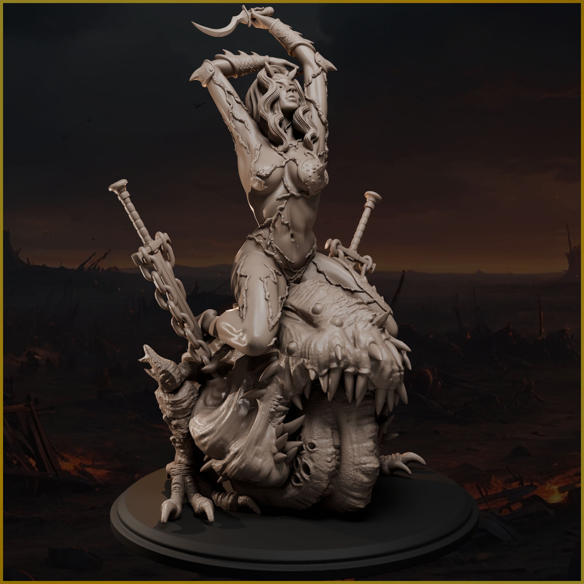 Demoniczna wojowniczka na potworze – Throne of the Damned 75mm/120mm