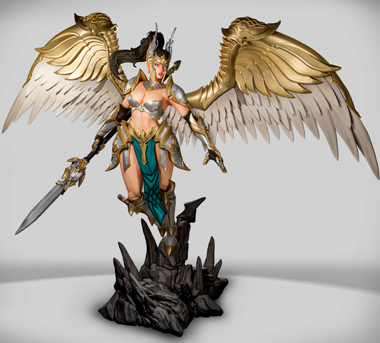 Figurka anioła wojowniczki lądującej na skale, widok z boku, Amra 3D Art.