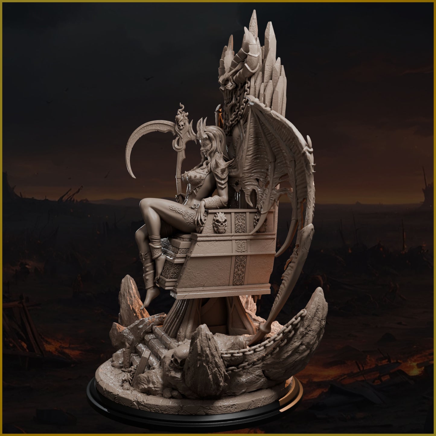 Demonica siedząca na demonicznym tronie, pełny widok figurki – Throne of the Damned