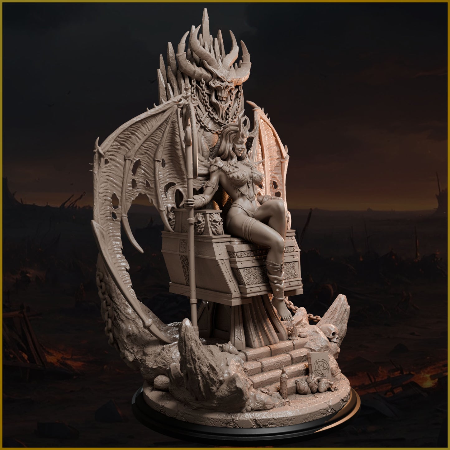 Demonica siedząca na demonicznym tronie, pełny widok figurki – Throne of the Damned