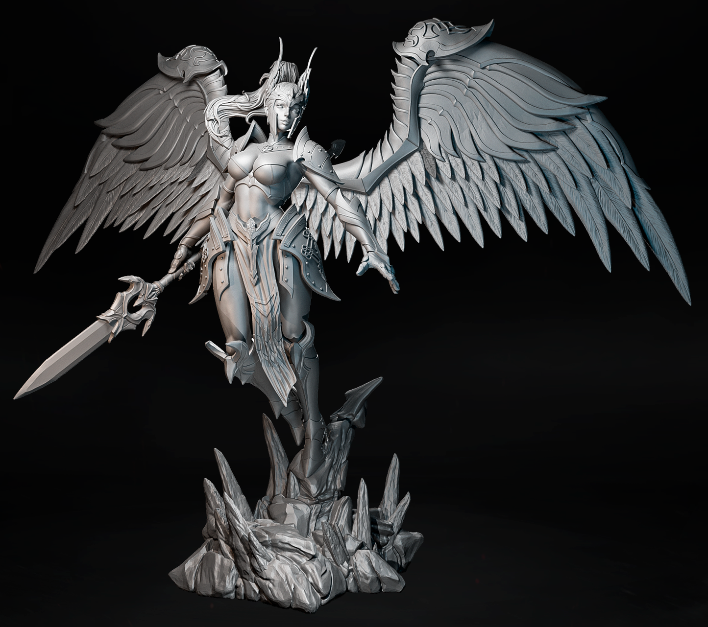 Figurka anioła wojowniczki lądującej na skale, widok z boku, Amra 3D Art.