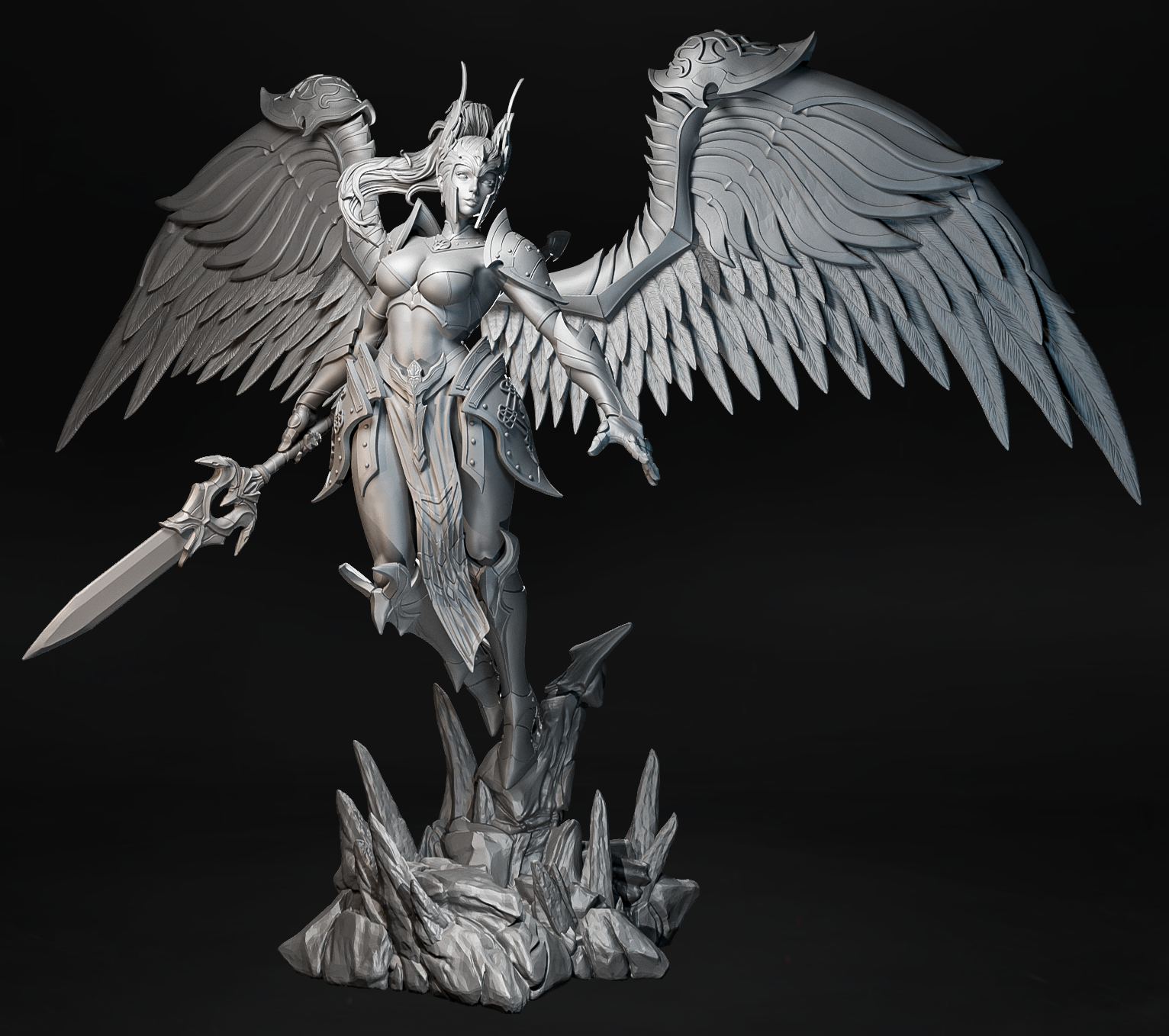 Figurka anioła wojowniczki lądującej na skale, widok z boku, Amra 3D Art.