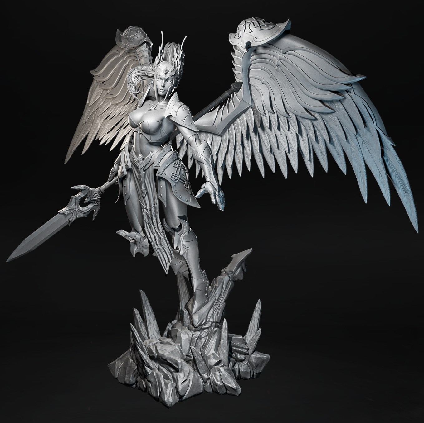 Figurka anioła wojowniczki lądującej na skale, widok z boku, Amra 3D Art.