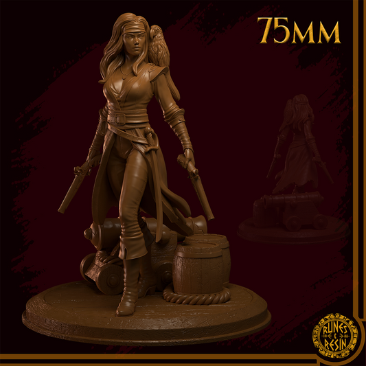 Elise – piratka z dwoma pistoletami i papugą – figurka fantasy 32mm / 75mm | Runes and Resin