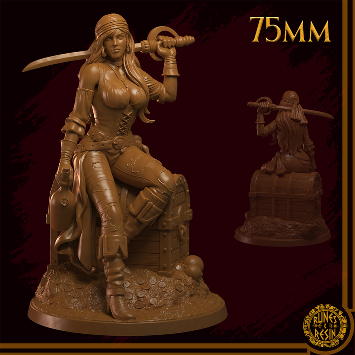 Jaqueline – Piratin auf Schatztruhe – Fantasy-Miniatur 32 mm / 75 mm | Runen und Resin
