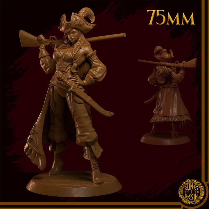 Scarlett – Piratin mit Muskete – Fantasyfigur 32 mm / 75 mm | Runen und Resin