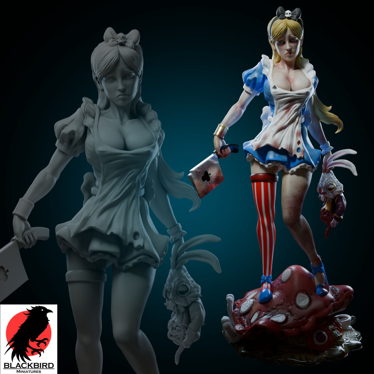 Alice 75mm scale unpainted resin display figure from Dark Tales series by Black Bird Miniatures, depicting a dark gothic Alice holding a bloody cleaver and a white rabbit