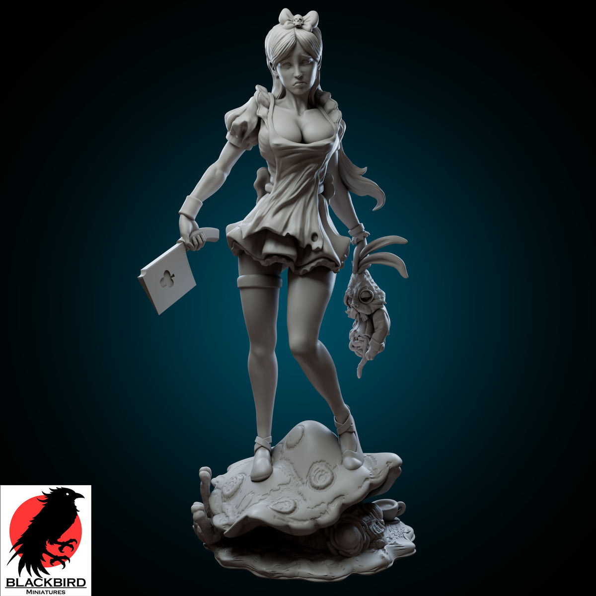 Alice 75mm scale unpainted resin display figure from Dark Tales series by Black Bird Miniatures, depicting a dark gothic Alice holding a bloody cleaver and a white rabbit
