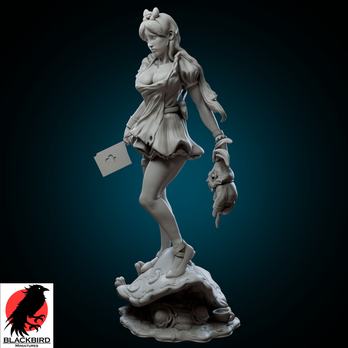 Alice 75mm scale unpainted resin display figure from Dark Tales series by Black Bird Miniatures, depicting a dark gothic Alice holding a bloody cleaver and a white rabbit
