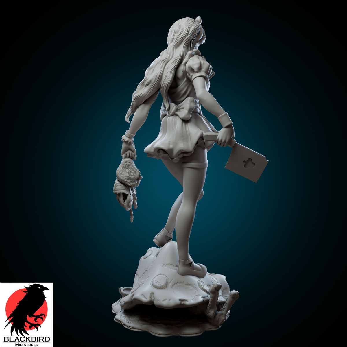 Alice 75mm scale unpainted resin display figure from Dark Tales series by Black Bird Miniatures, depicting a dark gothic Alice holding a bloody cleaver and a white rabbit
