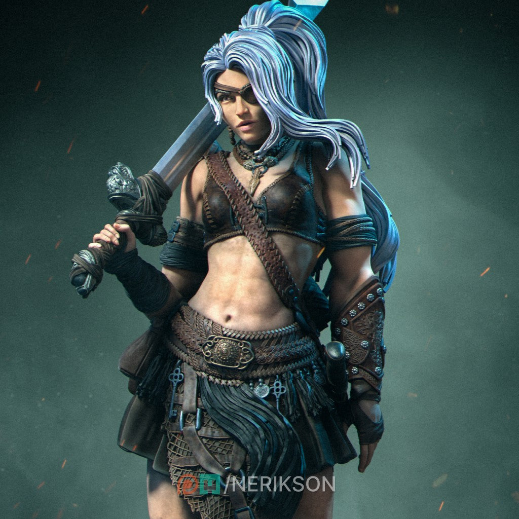 Lia the Barbarian Mercenary fantasy miniature by Nerikson, 3D printed in ABS-Like premium resin, unpainted collectible figurine with fierce warrior character design