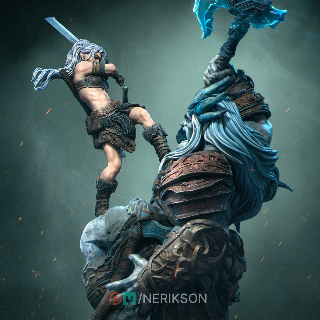 Lia vs the Giant resin miniature by Nerikson – 3D printed fantasy warrior sculpture in ABS-Like Resin, 75mm and 140mm scale, unpainted collector figure