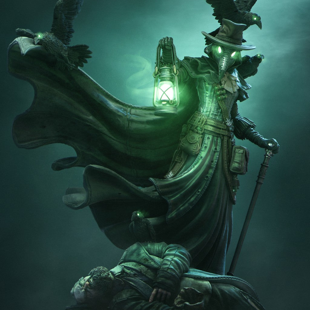 Plague Doctor miniature by Nerikson, 3D printed in ABS-Like resin, featuring a gothic character with a bird mask and glowing green lantern, surrounded by ravens and a fallen figure.