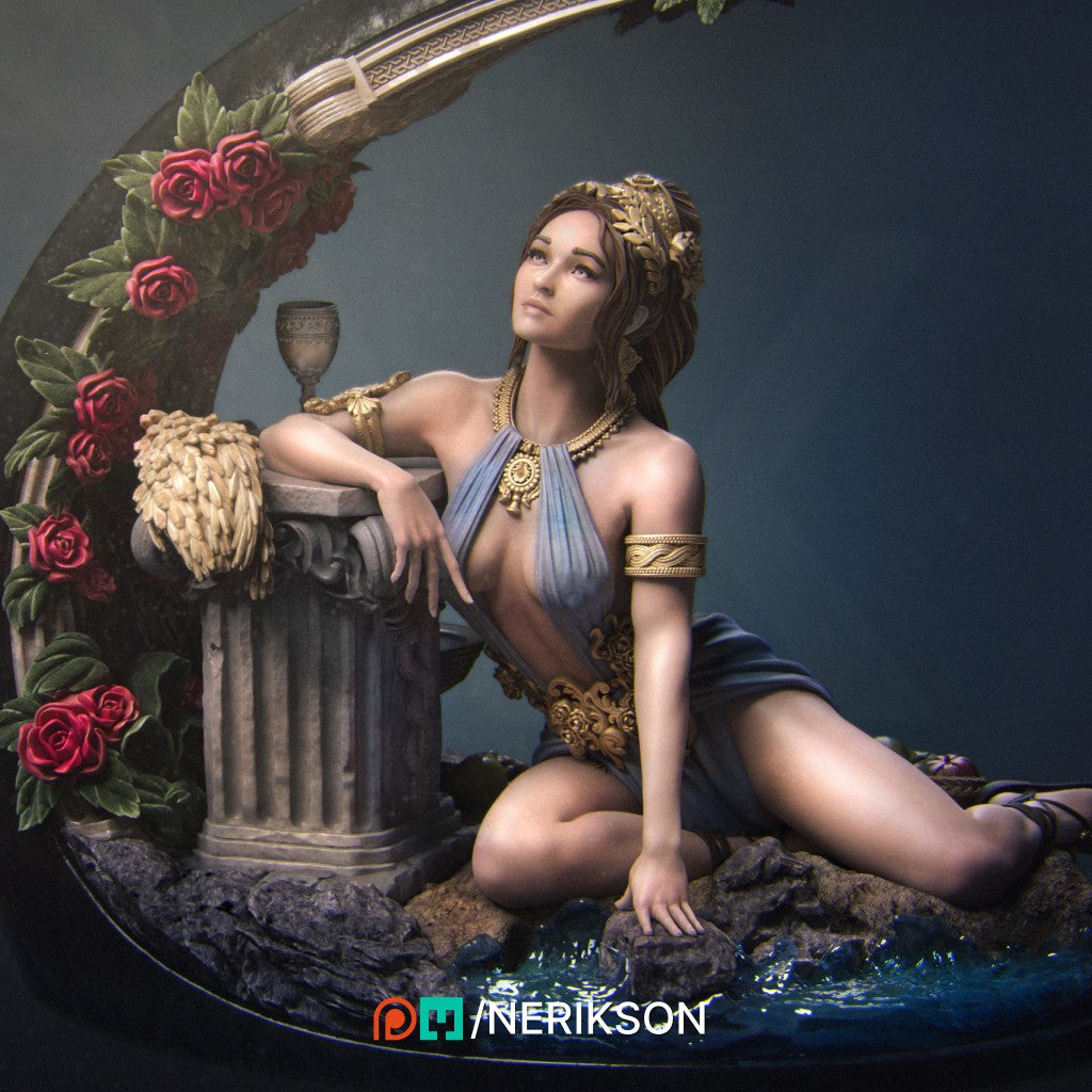 Unpainted summer goddess scale model by Nerikson leaning on a column, high-detail ABS-like resin 16K 3D print