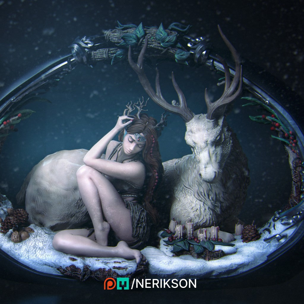 The Four Seasons: Winter resin scale miniature by Nerikson, featuring a serene winter druid resting next to a majestic horned stag, printed in ultra-detailed 16K ABS-Like resin