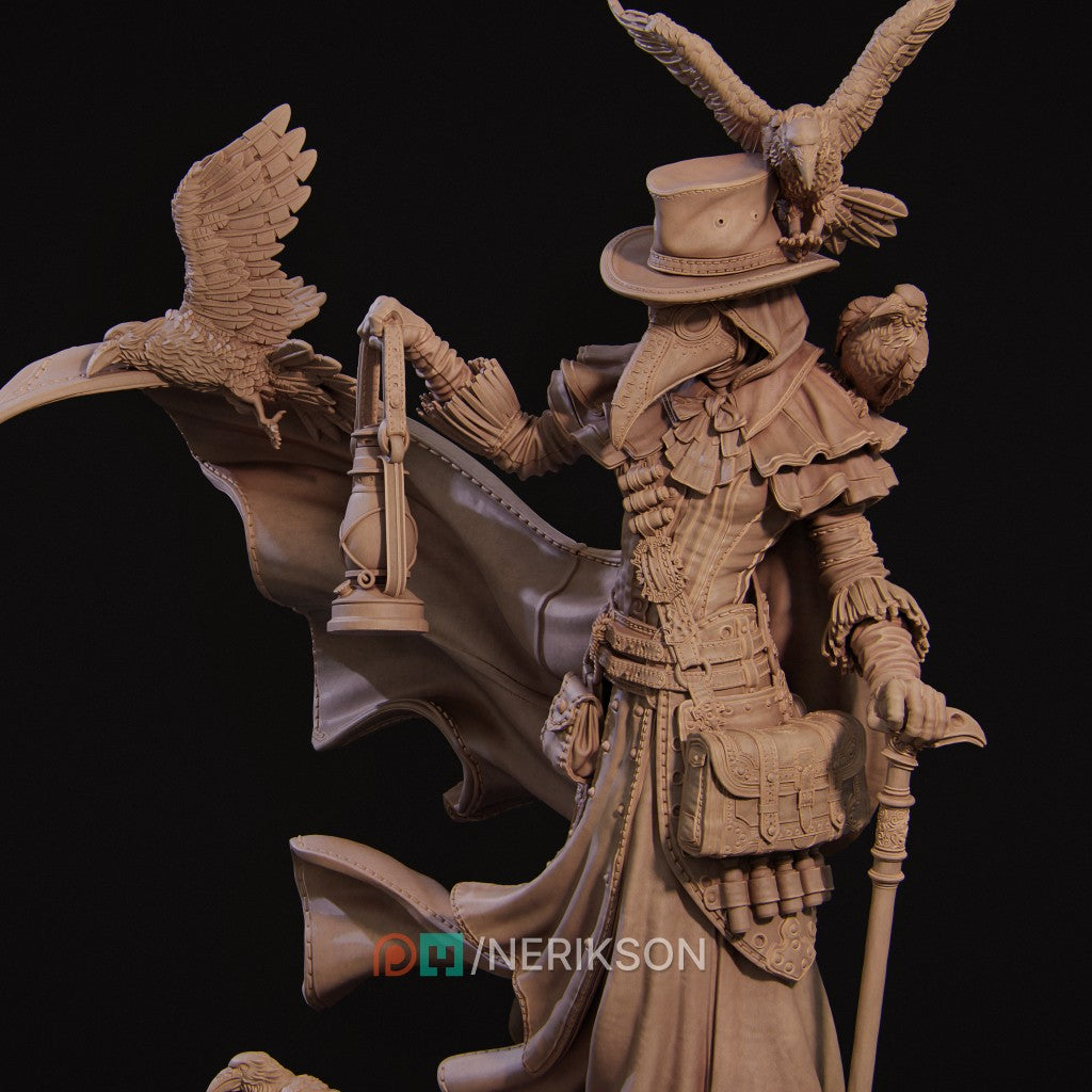 Plague Doctor miniature by Nerikson, 3D printed in ABS-Like resin, featuring a gothic character with a bird mask and glowing green lantern, surrounded by ravens and a fallen figure.