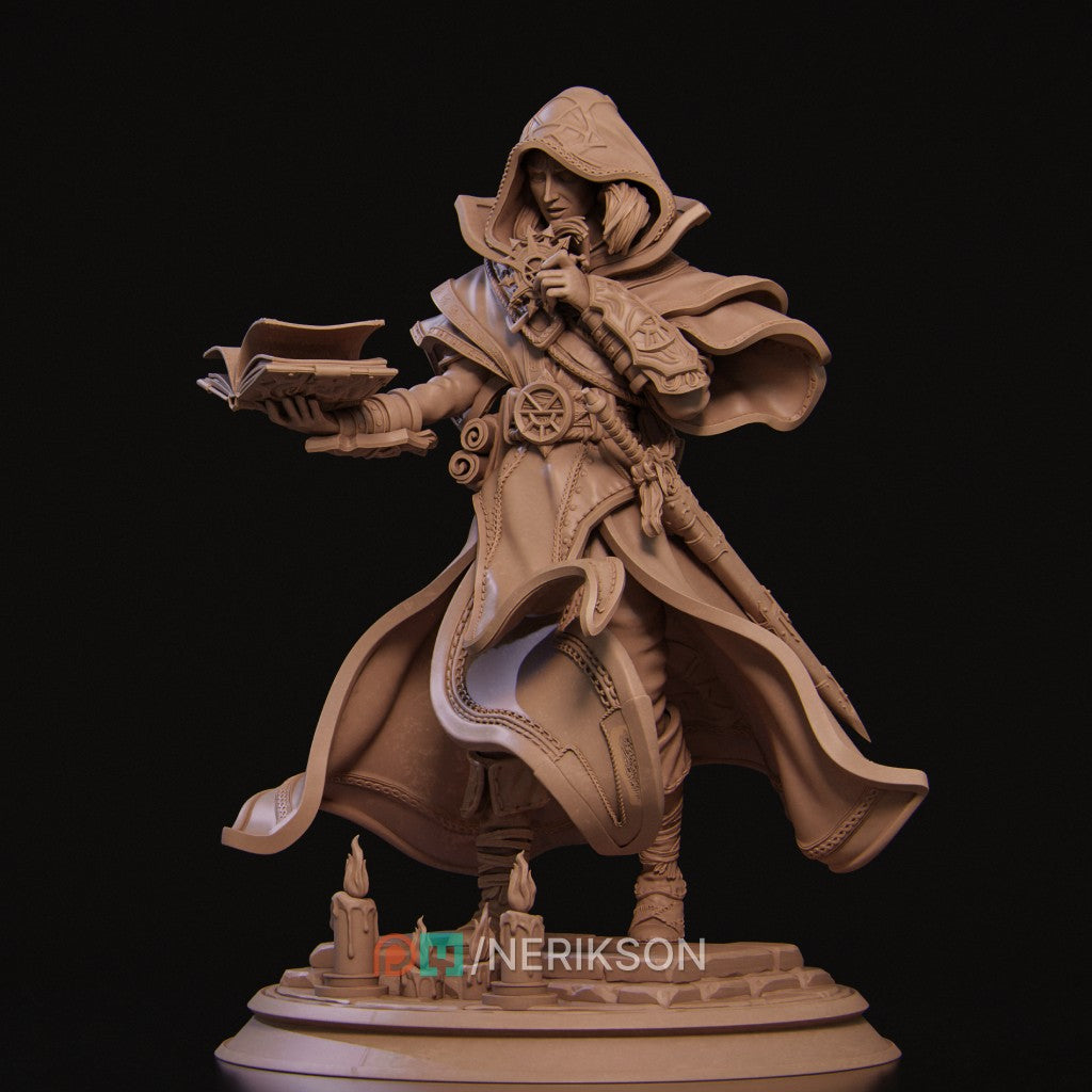 Elf Priest 3D printed resin miniature by Nerikson, showing a hooded elven cleric holding a holy sun symbol and an open tome, unpainted premium ABS-like resin