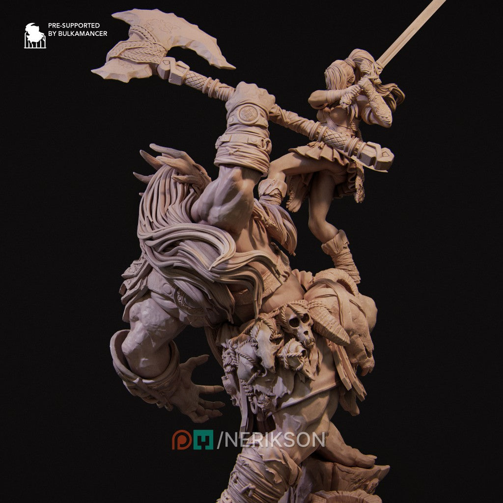 Lia vs the Giant resin miniature by Nerikson – 3D printed fantasy warrior sculpture in ABS-Like Resin, 75mm and 140mm scale, unpainted collector figure